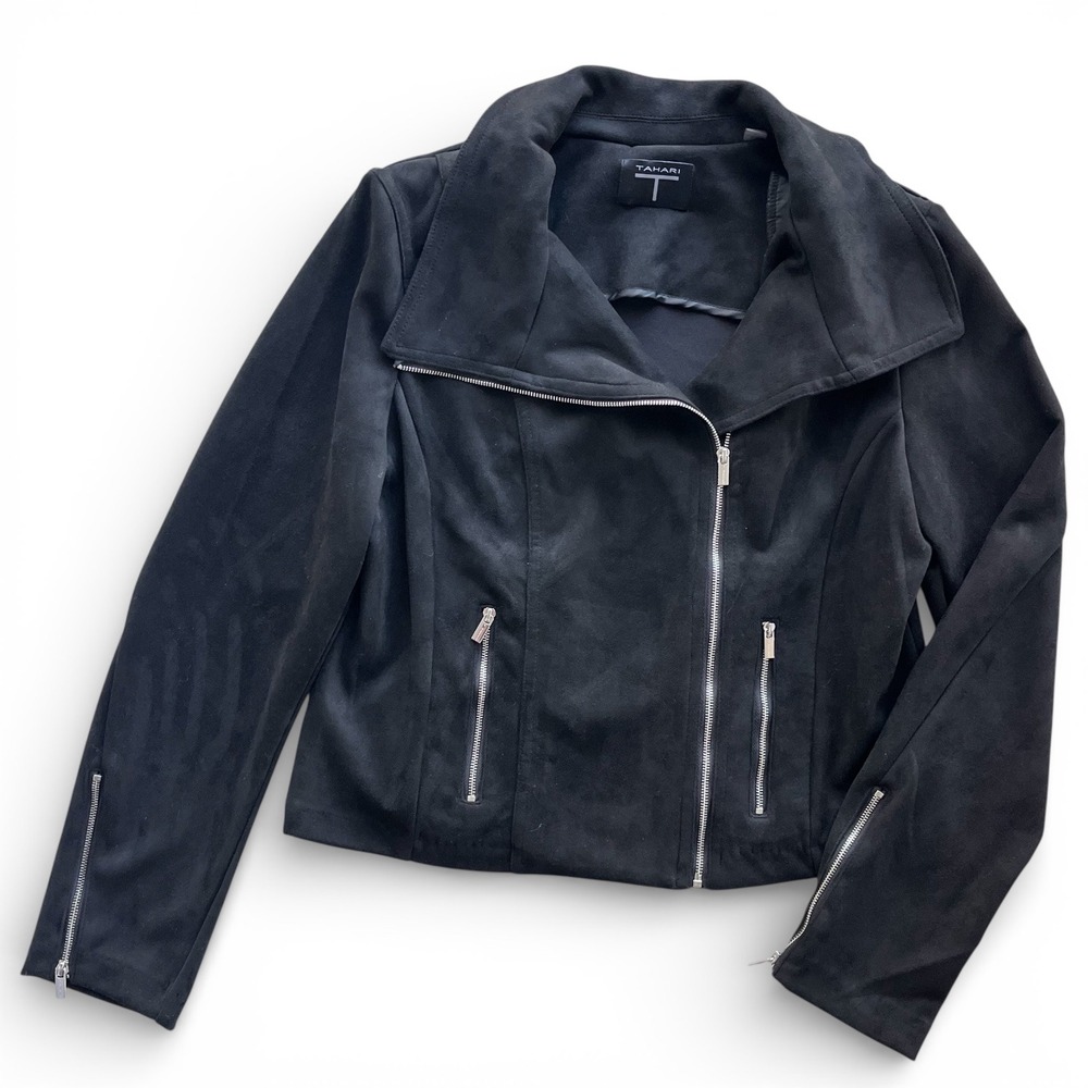 Tahari Women M Black Faux Suede Leather Asymmetrical Zip Cuff Moto Jacket Grunge